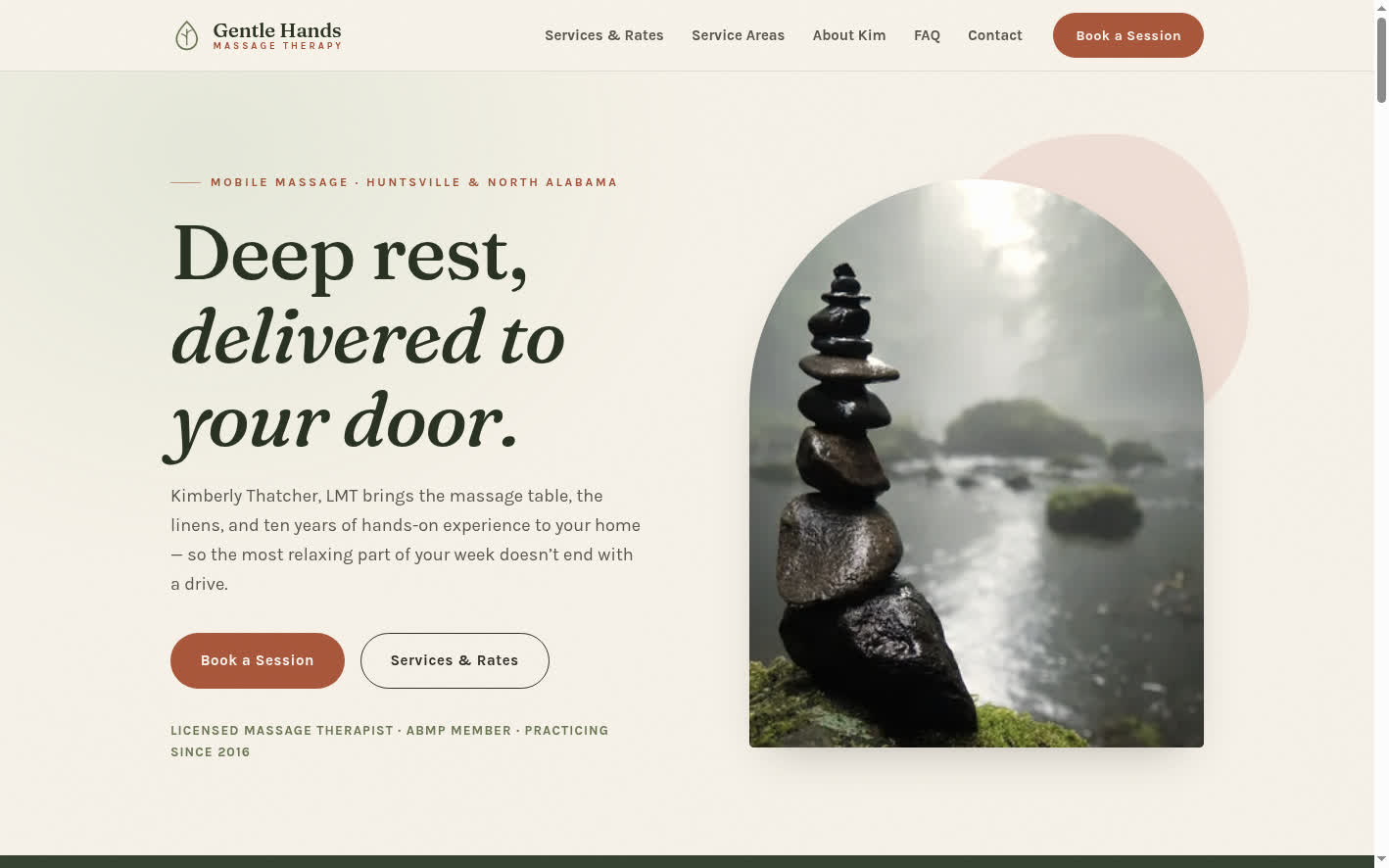 Screenshot of Kim Thatcher — Gentle Hands Massage Therapy website